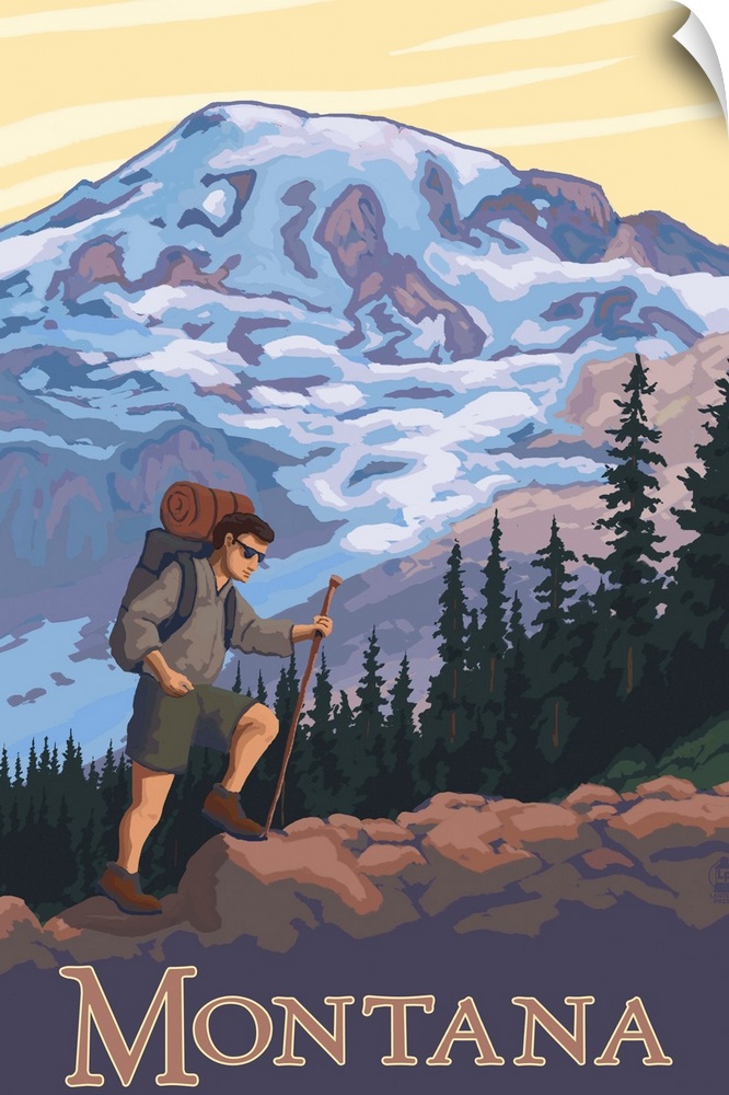 Montana - Hiking Scene: Retro Travel Poster