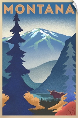 Montana - Mountain & Moose - Lithograph