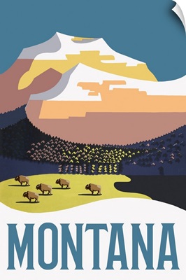 Montana - Mountain Scene with Buffalo