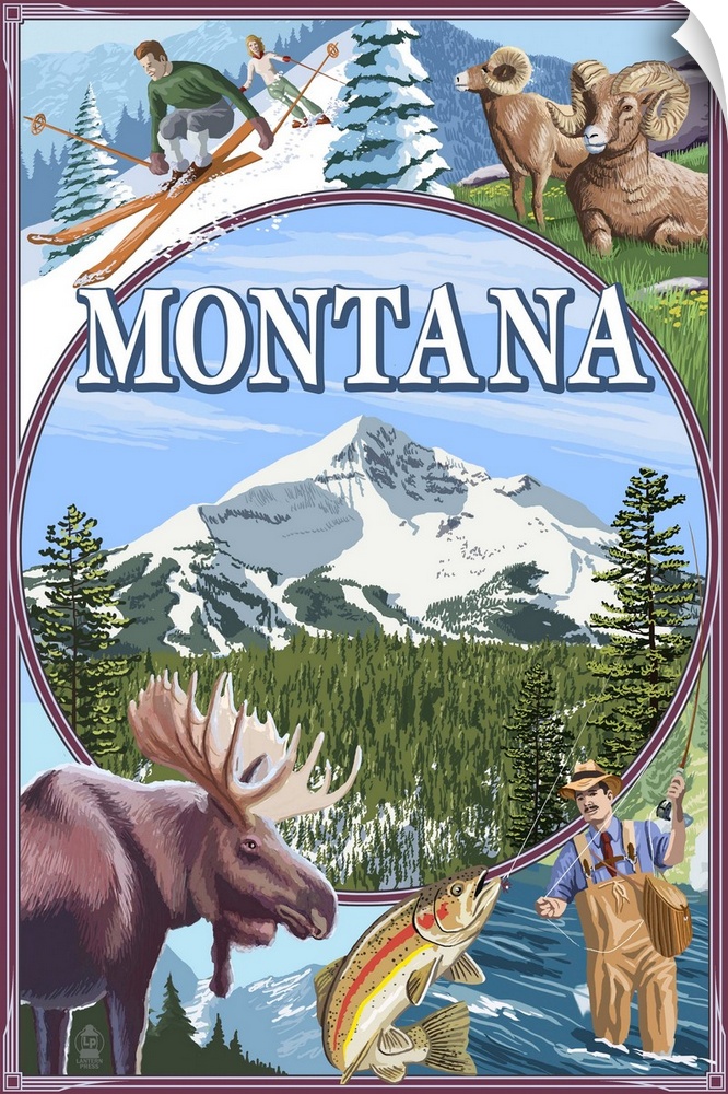 Retro stylized art poster of a moose and fisherman with a skier and full curl sheep.