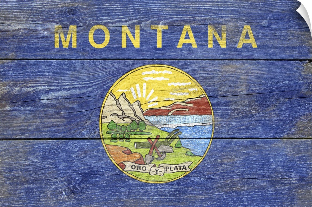 The flag of Montana with a weathered wooden board effect.