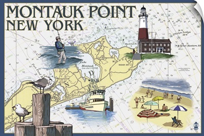 Montauk Point, New York - Nautical Chart: Retro Travel Poster