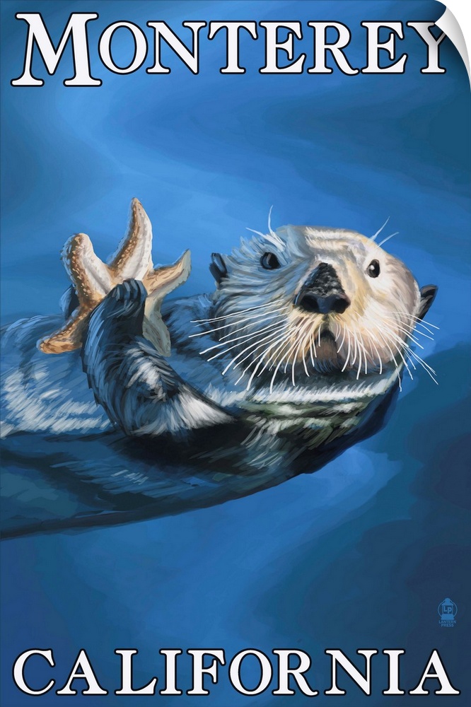 Retro stylized art poster of a sea otter floating on its back in the ocean, holding a starfish.