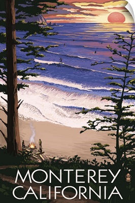 Monterey, California - Sunset and Beach: Retro Travel Poster