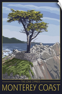 Monterey Coast, CA - Cypress Tree: Retro Travel Poster