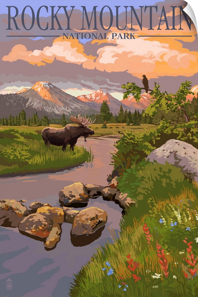 Retro stylized art poster of a moose drinking from a rocky stream in afternoon light.