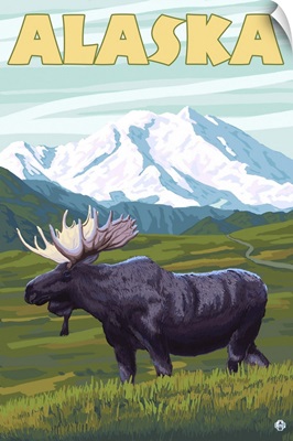 Moose and Mountain - Alaska: Retro Travel Poster