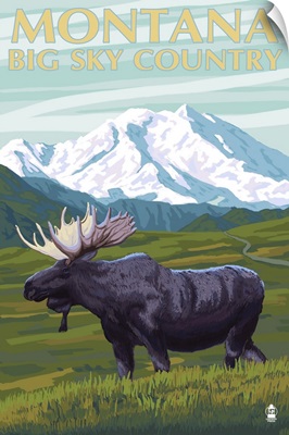 Moose and Mountain - Montana Big Sky Country: Retro Travel Poster