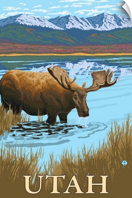 Moose Drinking - Utah: Retro Travel Poster