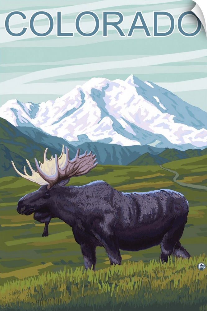 Moose with Mountain - Colorado: Retro Travel Poster