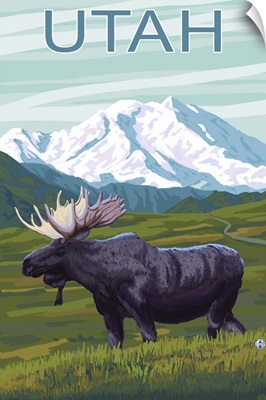 Moose with Mountain - Utah: Retro Travel Poster