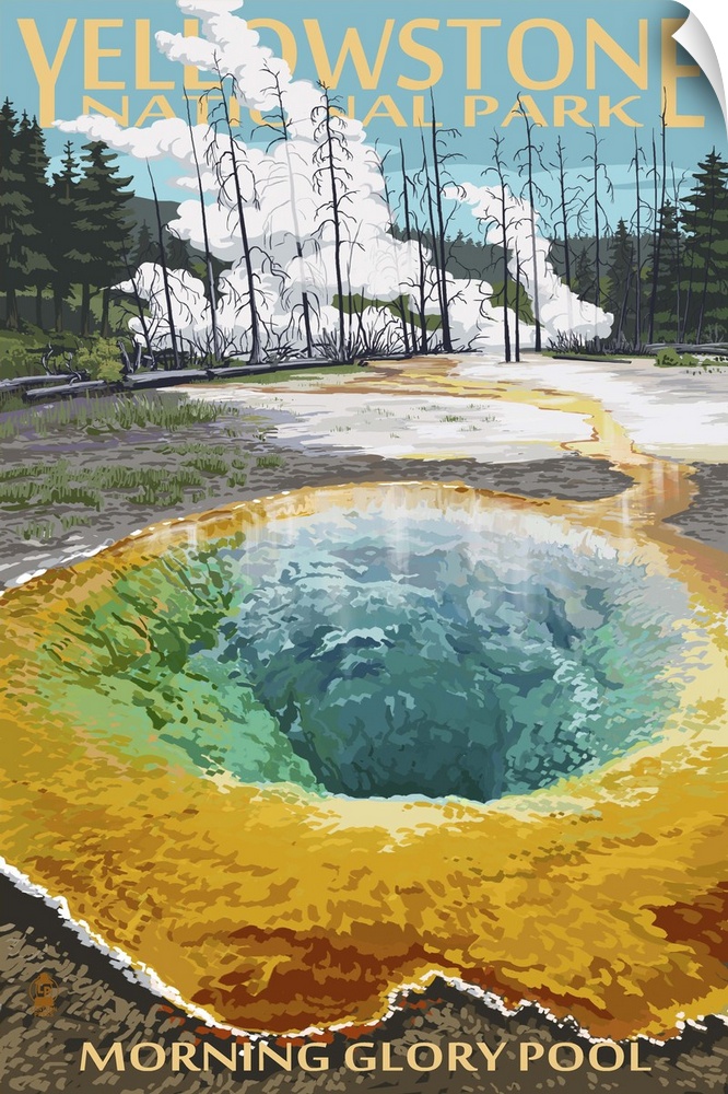 Retro stylized art poster of a geothermal pool. With bare trees and steam in the background.