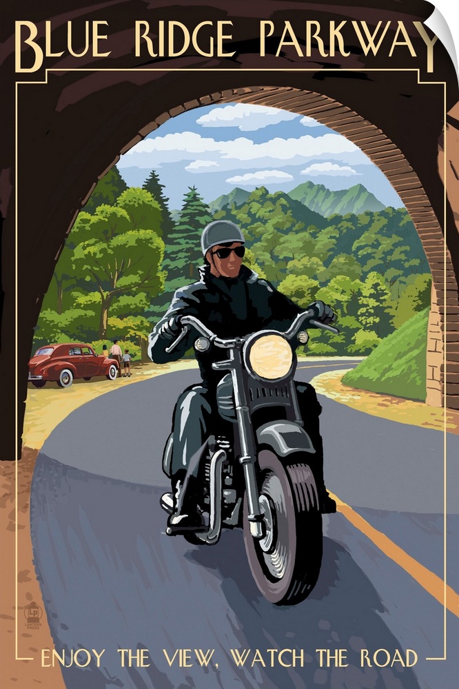 Retro stylized art poster of motorcycle rider just crossing into a tunnel.