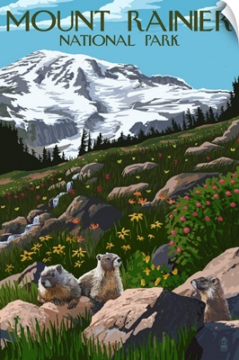 Mount Rainier National Park, Marmot In A Wildflower Field: Retro Travel Poster