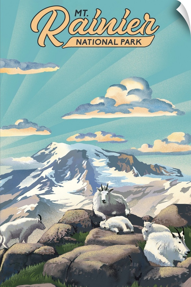 Mount Rainier National Park, Rams On A Mountaintop: Retro Travel Poster