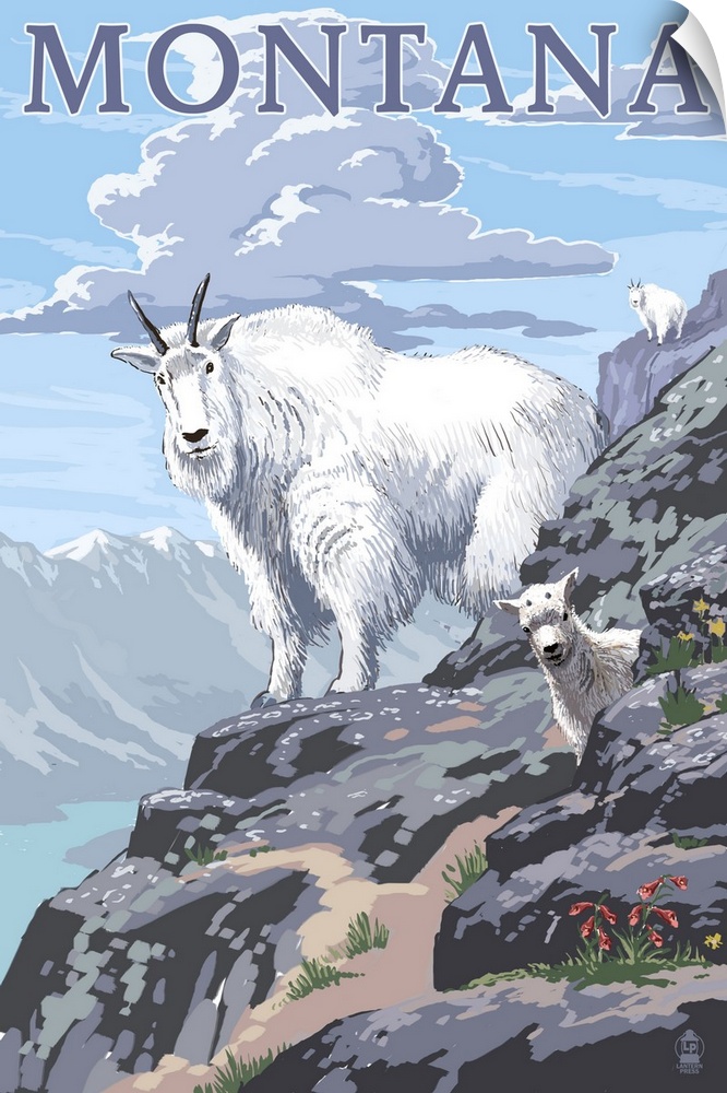 Retro stylized art poster of a mountain goat with its young, on a rocky surface.