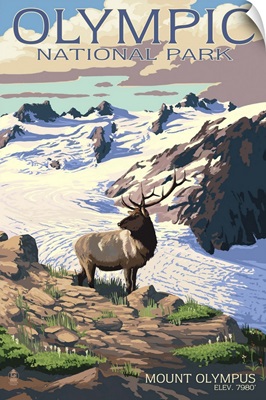 Mt. Olympus and Elk - Olympic National Park, Washington: Retro Travel Poster
