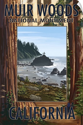 Muir Woods National Monument, California - Trees and Ocean: Retro Travel Poster