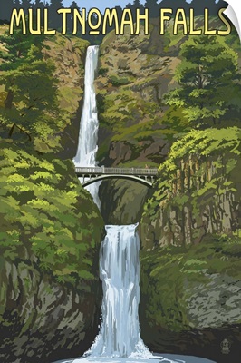 Multnomah Falls, Oregon - Summer View: Retro Travel Poster
