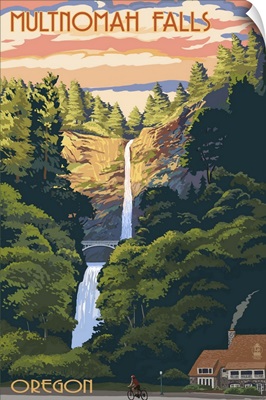 Multnomah Falls, Oregon - Sunset: Retro Travel Poster