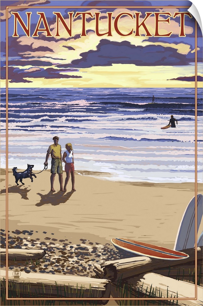 Retro stylized art poster of a couple with a dog walking along a beach at sunset.