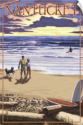 Nantucket, Massachusetts - Sunset Beach Scene: Retro Travel Poster