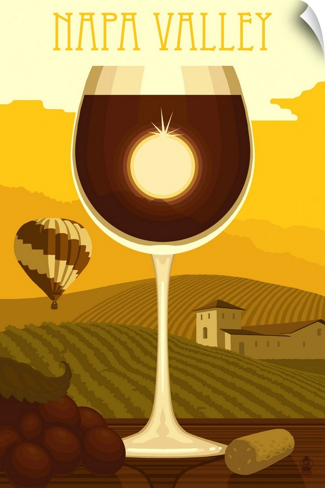 Napa Valley, California - Wine Glass & Vineyard
