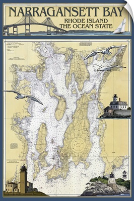 Narragansett Bay, Rhode Island Nautical Chart: Retro Travel Poster