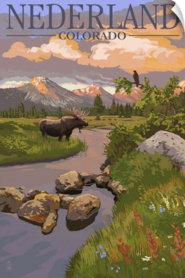 Nederland, Colorado - Moose and Sunset: Retro Travel Poster