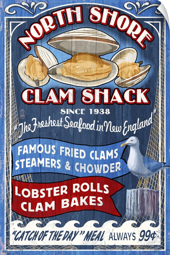 New England - Clam Shack Vintage Sign: Retro Travel Poster