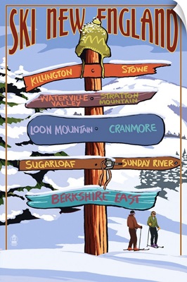 New England - Ski Areas Sign Destinations: Retro Travel Poster