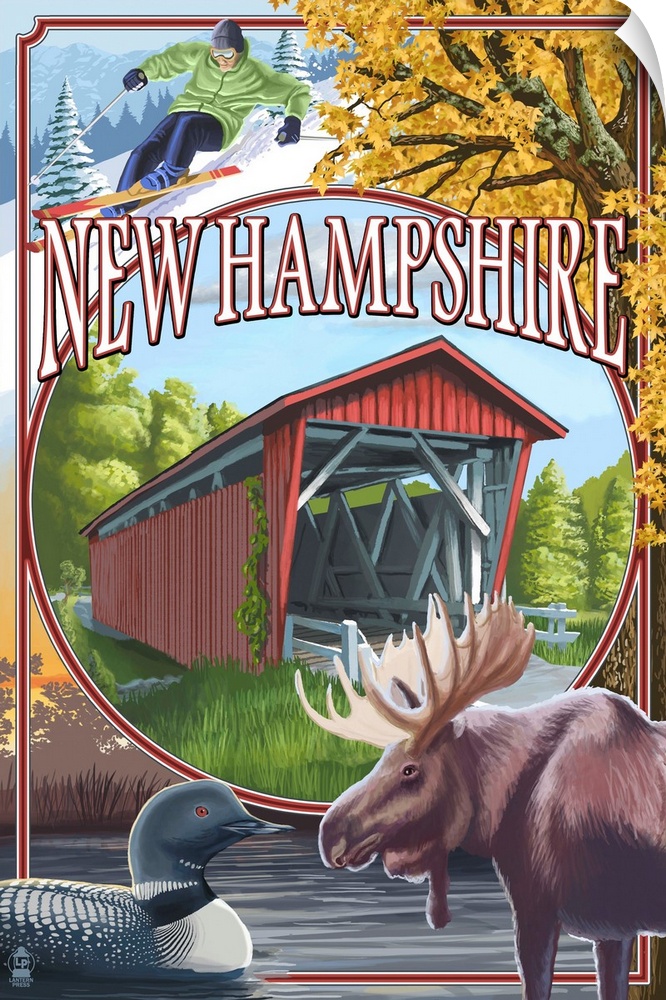 Retro stylized art poster of a covered bridge, with a moose and loons in the bottom corners of the image.