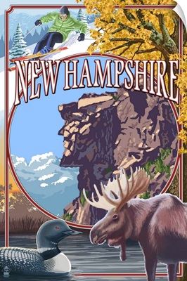 New Hampshire - Montage Scenes w/ Old Man: Retro Travel Poster