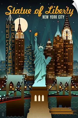 New York City, New York - Statue of Liberty - Retro Skyline