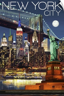 New York City, NY - Skyline at Night: Retro Travel Poster