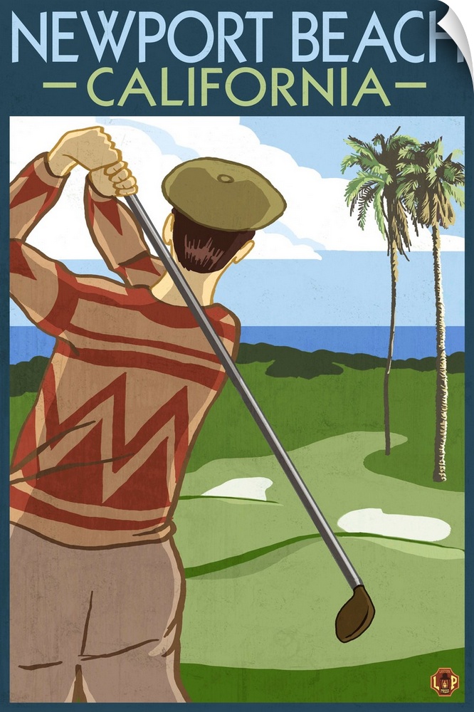 Newport Beach, California - Golfer: Retro Travel Poster