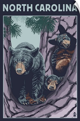 North Carolina - Bears in Tree: Retro Travel Poster