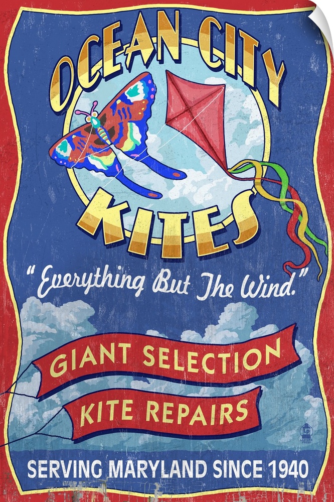 Retro stylized art poster of a vintage sign, displaying soaring kites.