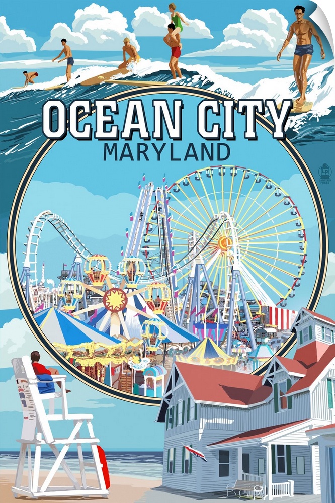 Ocean City, Maryland - Montage Scenes: Retro Travel Poster
