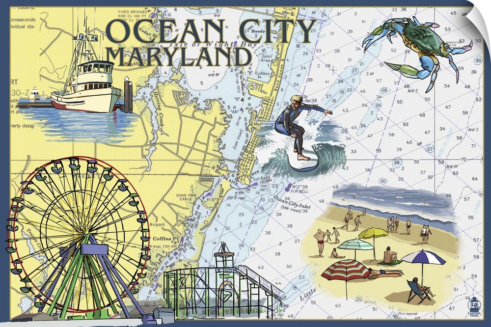 Ocean City, Maryland - Nautical Chart: Retro Travel Poster