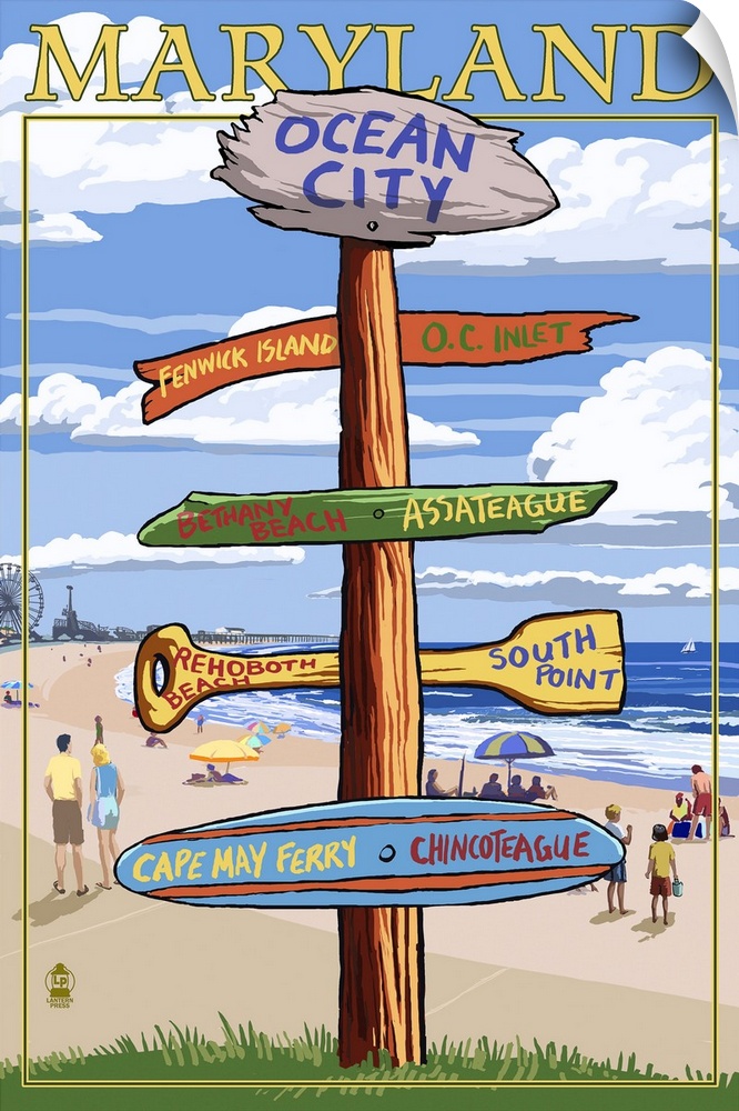 Retro stylized art poster of a sign post showing multiple directions.