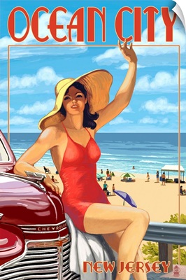 Ocean City, New Jersey - Woman Waving: Retro Travel Poster
