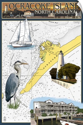 Ocracoke, Outer Banks, North Carolina - Nautical Chart: Retro Travel Poster