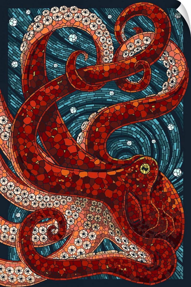 An intricately flowing mosaic-style image of a large red octopus fills the entire picture. Complimented by a dark teal mos...