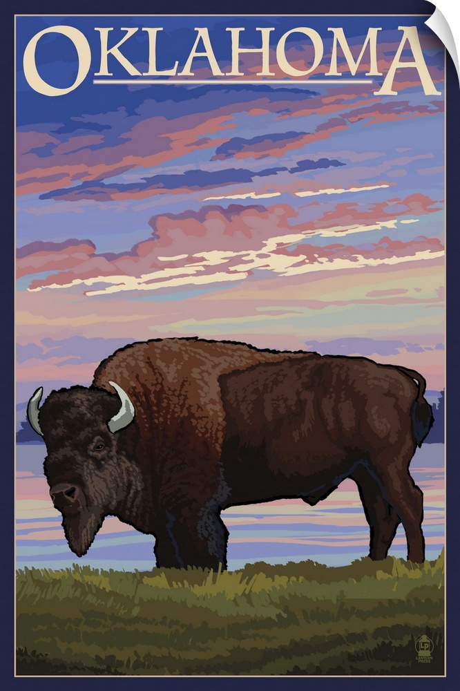 Oklahoma - Buffalo and Sunset: Retro Travel Poster