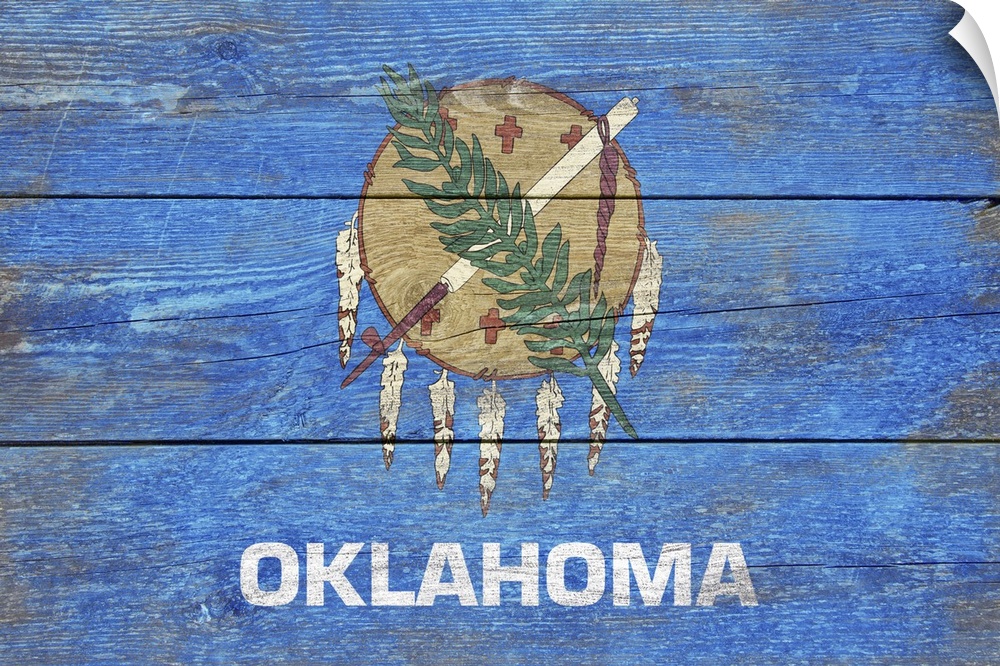 The flag of Oklahoma with a weathered wooden board effect.