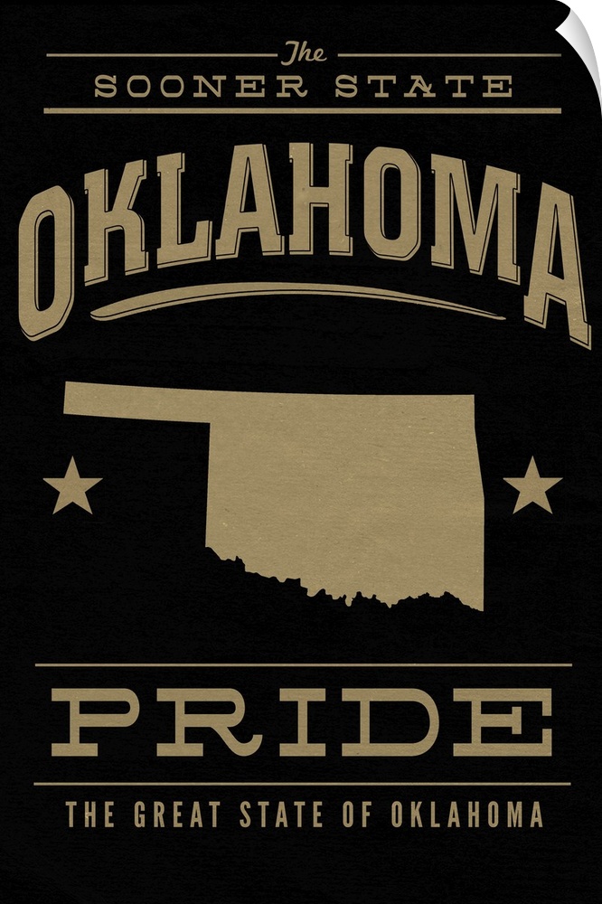 The Oklahoma state outline on black with gold text.