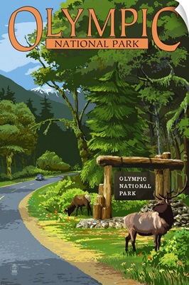 Olympic National Park, Elks Grazing: Retro Travel Poster