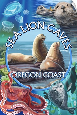 Oregon Coast - Sea Lion Caves Montage: Retro Travel Poster