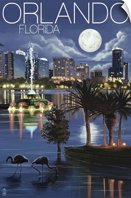 Orlando, Florida - Skyline at Night: Retro Travel Poster